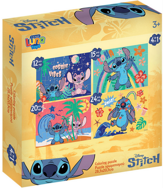 Пъзел 4 в 1 (12/15/20/24 елемента) Лило и Стич, Lilo and Stitch 28х28х5 см Пъзел 29х21 см с Големи Части и Възможност за Оцветяване на Гърба